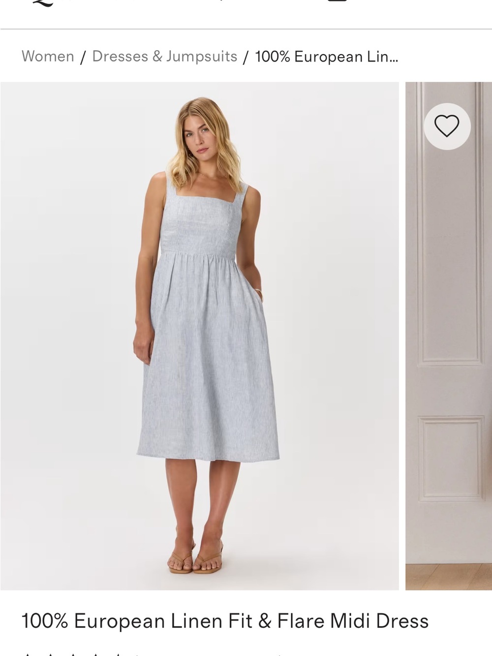 Quince 100% European Linen Fit & Flare Midi Dress blue pin stripe large
